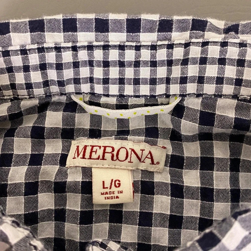 Merona Popover Shirt Women's Size Large L Navy Blue White Gingham Check‎ Cotton